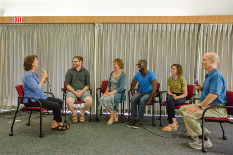 narrative panel with two teachers interviewing four students