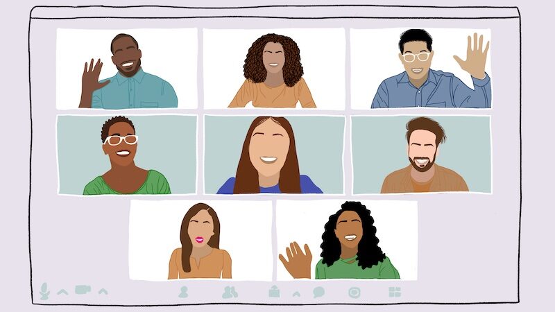 illustrated graphic of 8 people waving hello on zoom