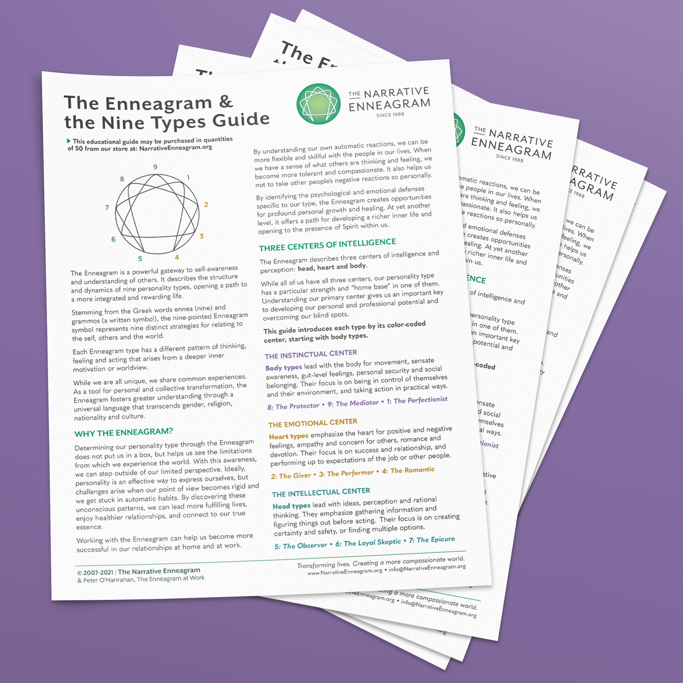 A stack of Enneagram Guides on a purple background