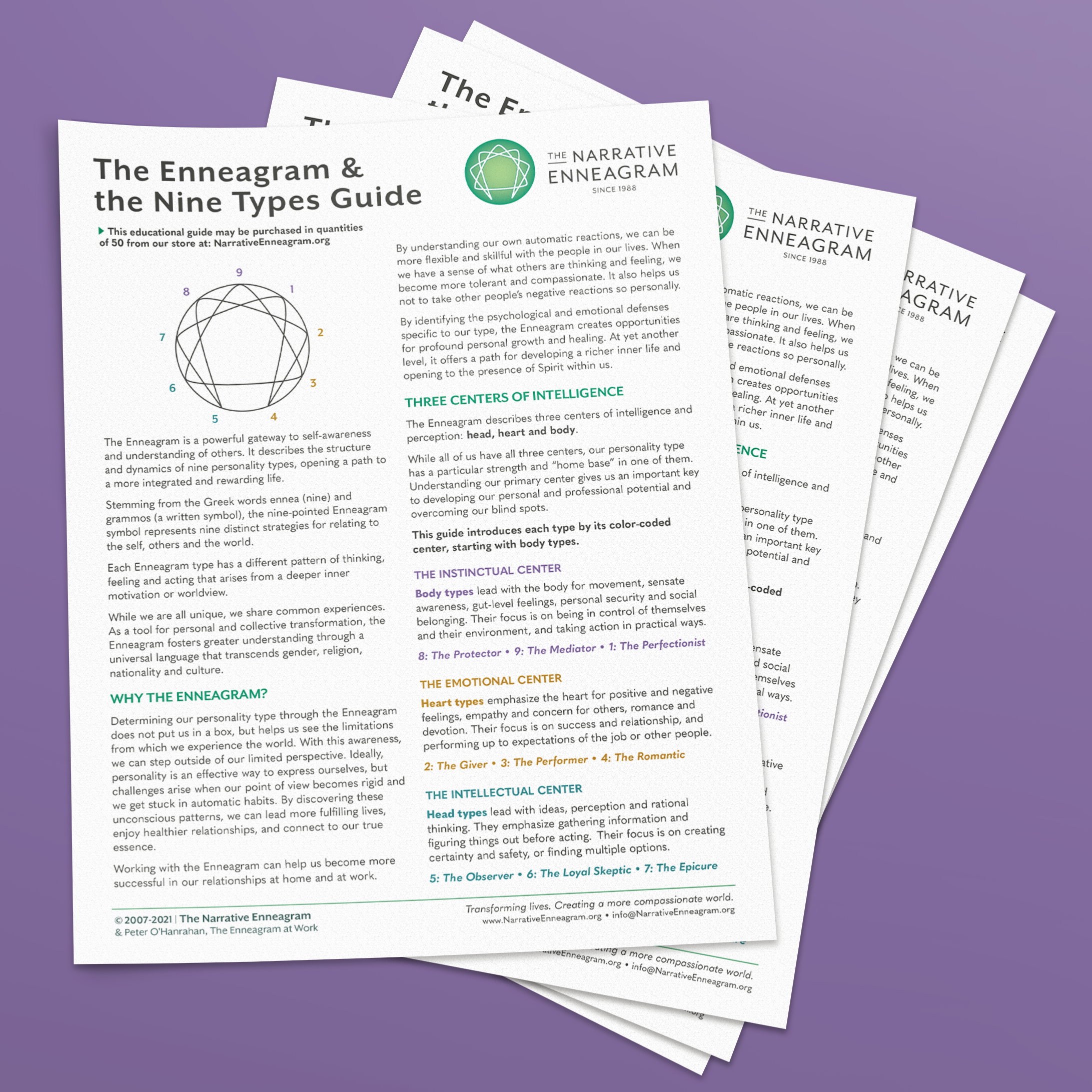 A stack of Enneagram Guides on a purple background