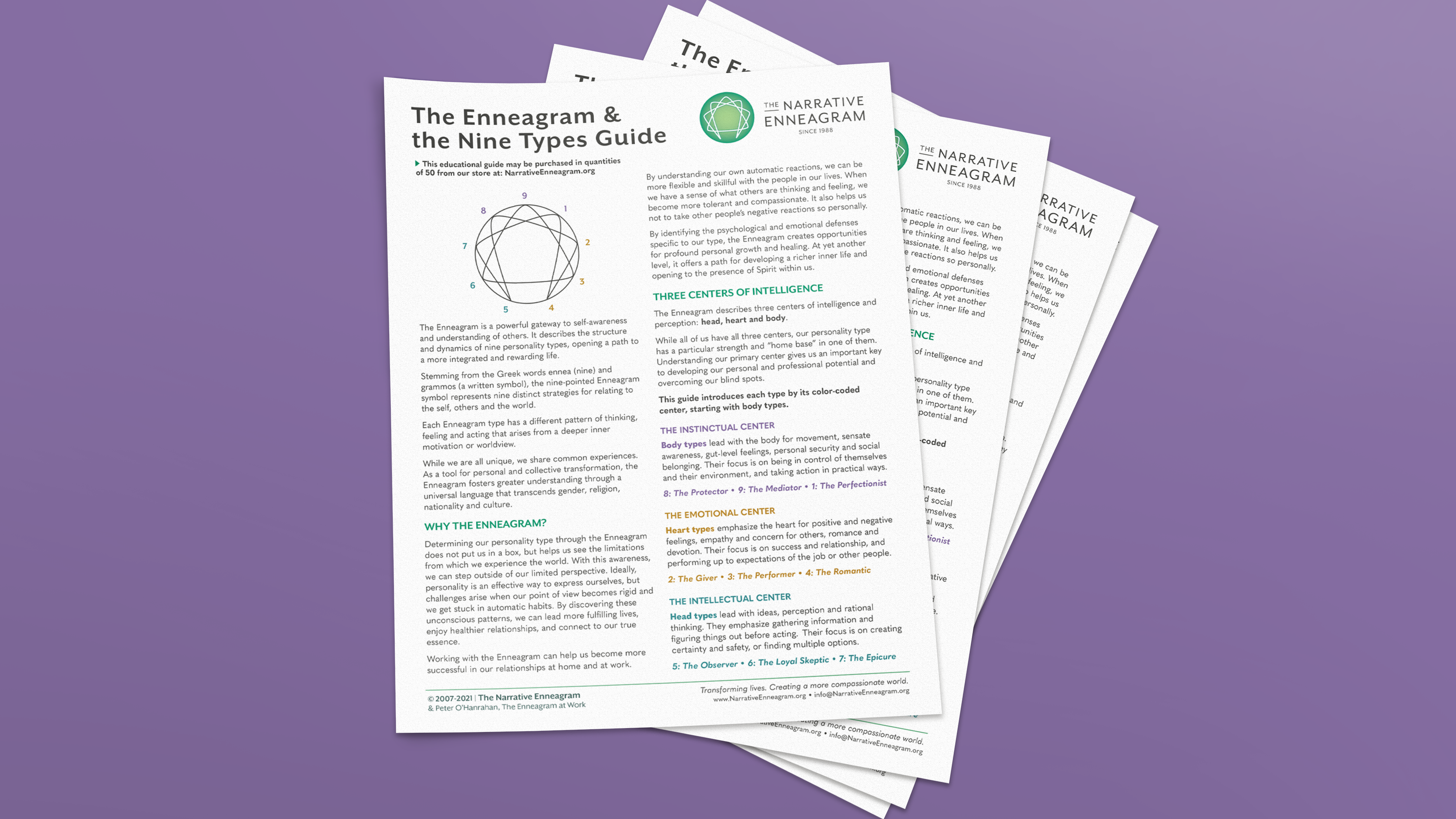 A stack of Enneagram Guides on a purple background
