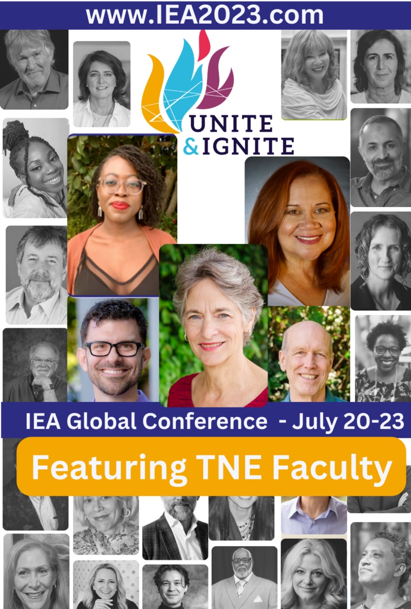 collage of black and white photos with TNE faculty in full color, IEA conference logo and dates