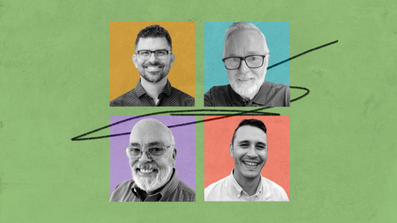 4 black and white portraits of men on colored squares and a light green background with pencil marks