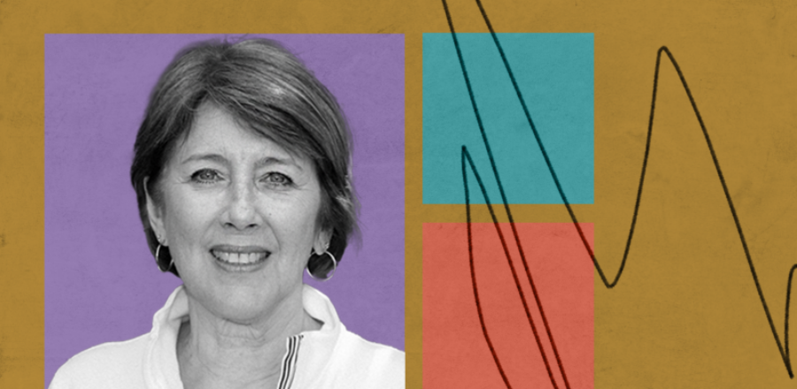 black and white photo of woman on gold background with 3 colored blocks and pencil scribble