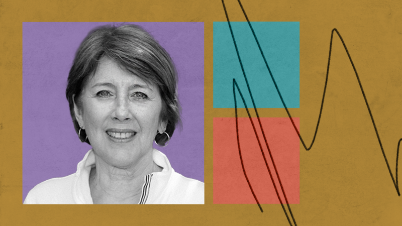 black and white photo of woman on gold background with 3 colored blocks and pencil scribble