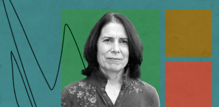 black and white photo of woman on teal background with 3 colored blocks and pencil scribble