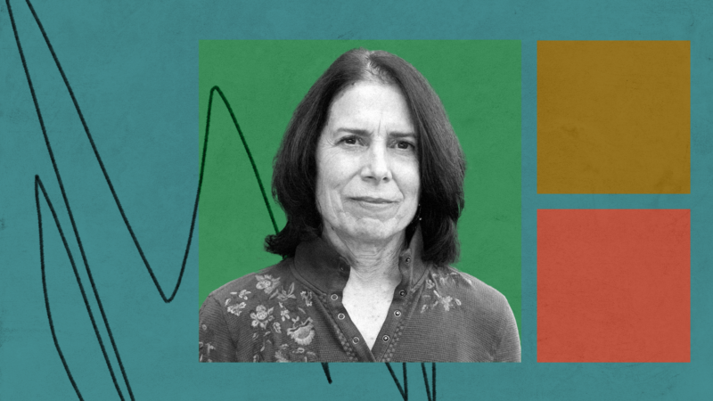 black and white photo of woman on teal background with 3 colored blocks and pencil scribble