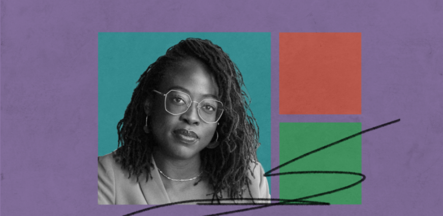 black and white photo of Chichi on purple background with 3 colored blocks and pencil scribble