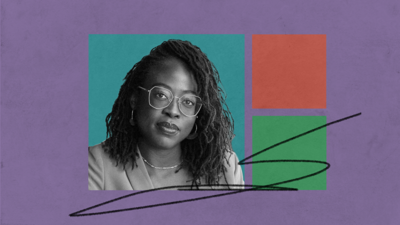 black and white photo of Chichi on purple background with 3 colored blocks and pencil scribble