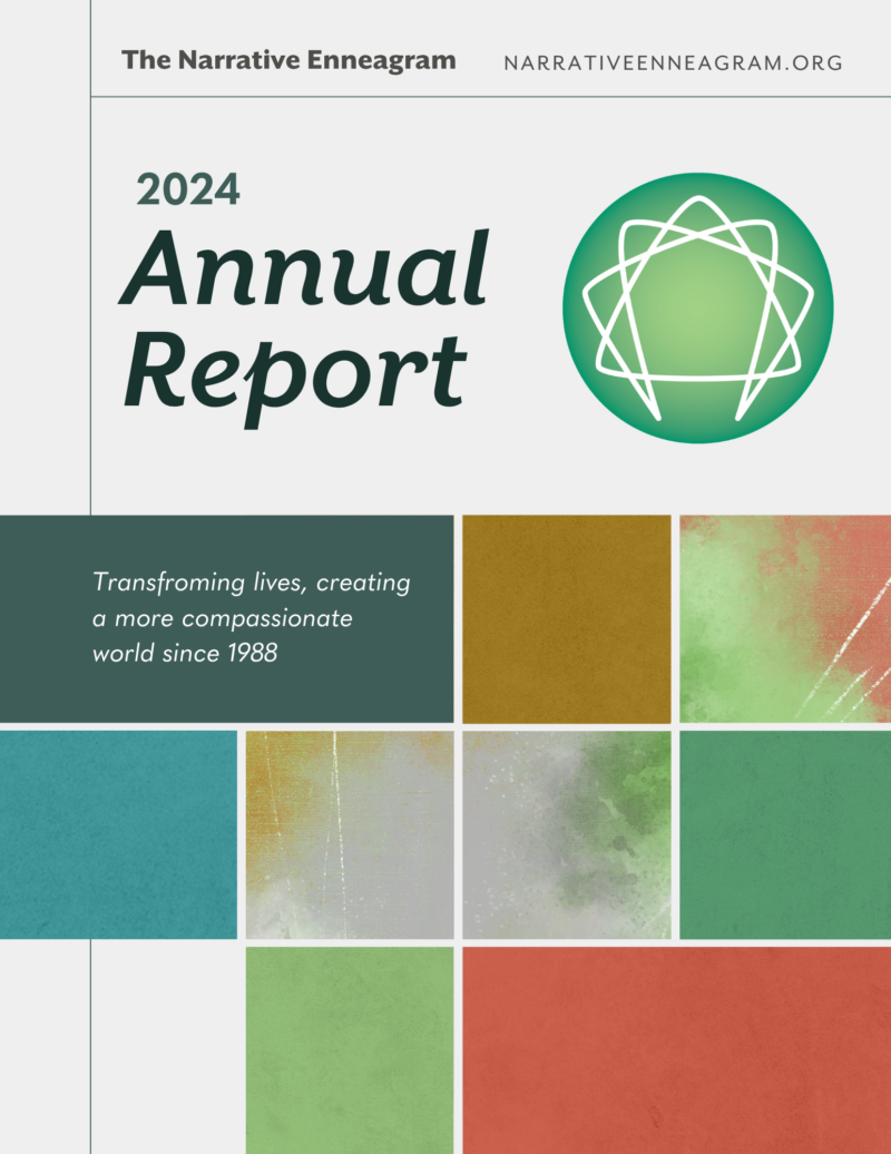 2024 Annual Report cover incudes the Enneagram symbol and many colorful squares with abstract designs