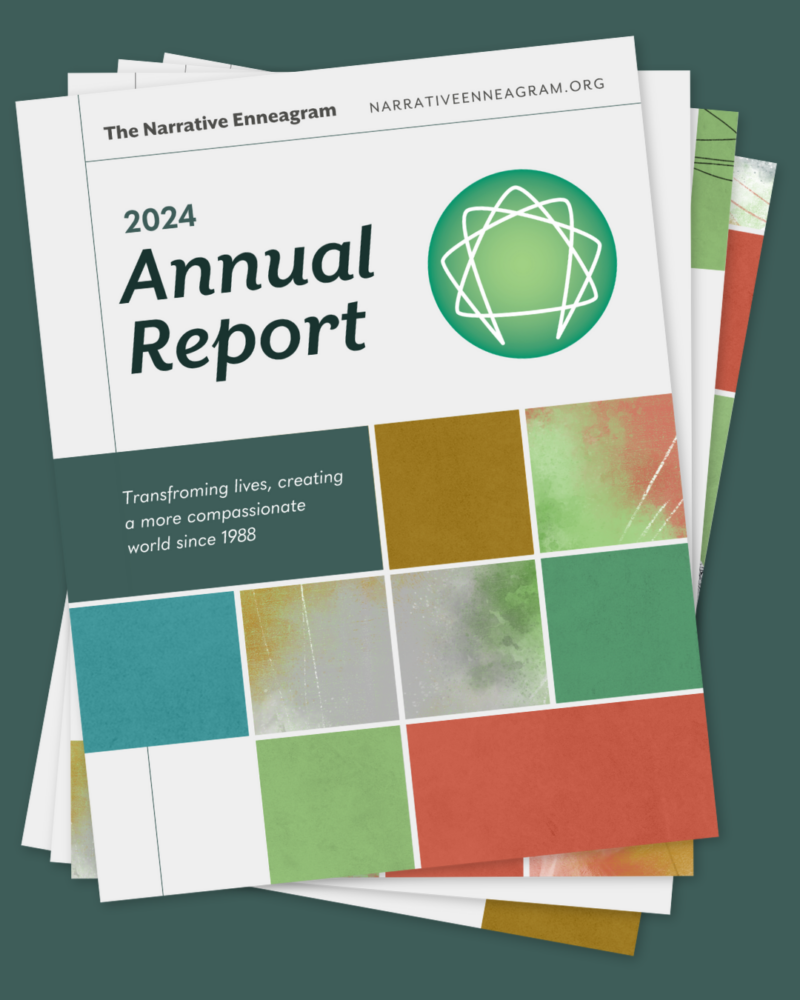 2024 Annual Report cover incudes the Enneagram symbol and many colorful squares with abstract designs