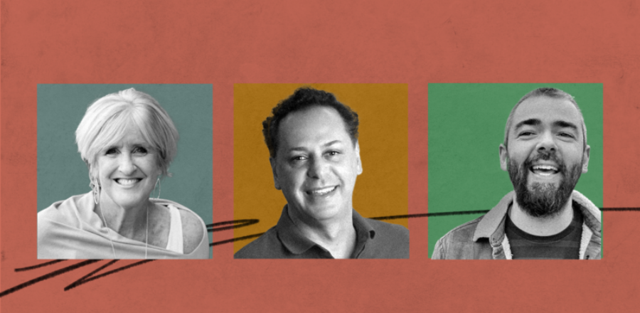 black and white photos of Leslie, Patrick, and Logan on colorful square backgrounds with a scribble intertwined behind them