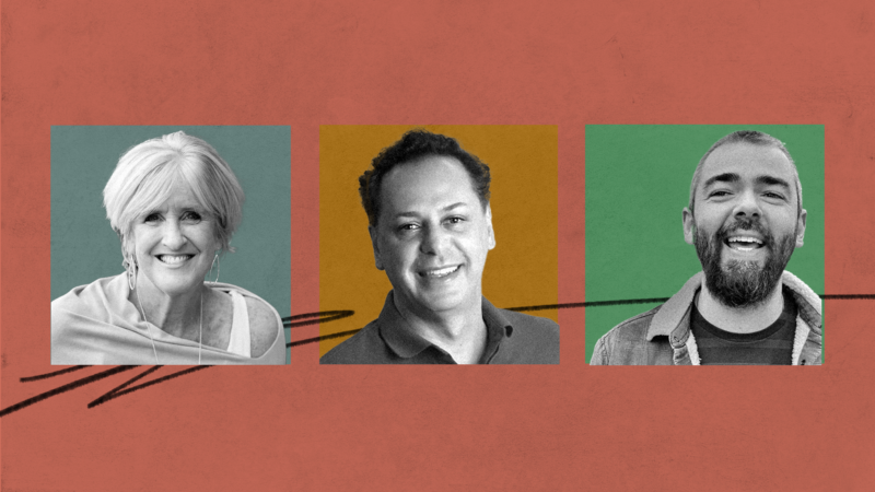 black and white photos of Leslie, Patrick, and Logan on colorful square backgrounds with a scribble intertwined behind them