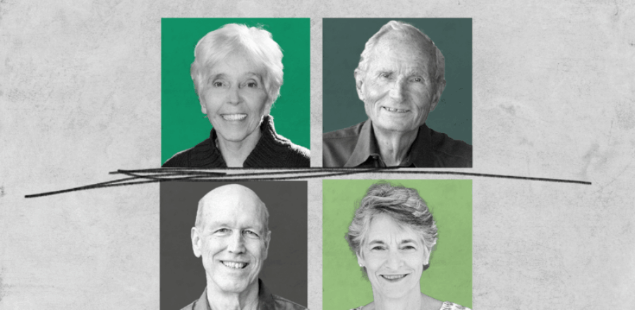 4 colorful squares showing Helen Palmer, David Daniels, MD, Peter O'Hanrahan, and Terry Saracino in black and white photos over a gray background with scribbled lines