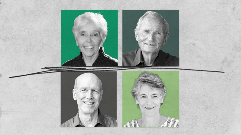 4 colorful squares showing Helen Palmer, David Daniels, MD, Peter O'Hanrahan, and Terry Saracino in black and white photos over a gray background with scribbled lines