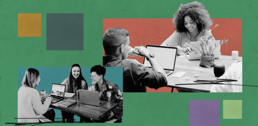 A green background full of colorful squares and black scribbles highlighting several fellowship students