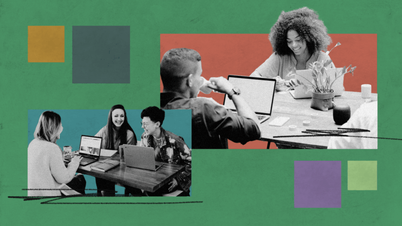 A green background full of colorful squares and black scribbles highlighting several fellowship students