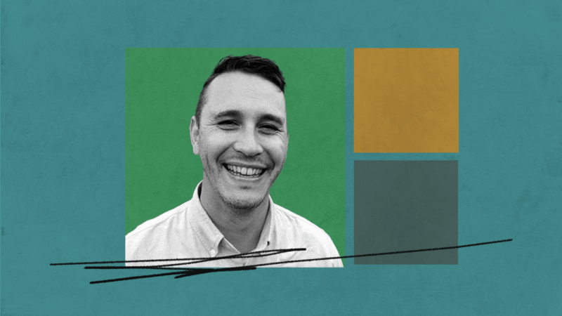 A black and white photo of Adam in a green square with other artistic boxes and scribbles