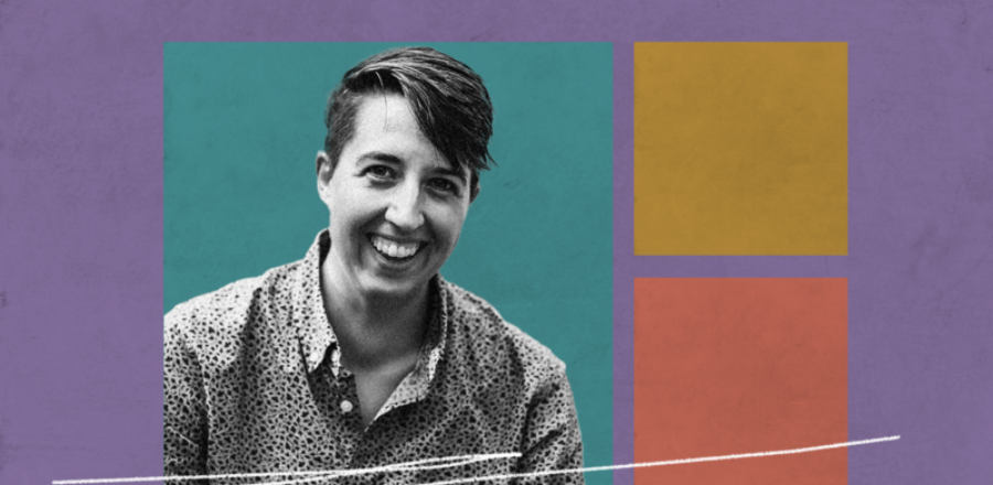 A black and white photo of Abi Robins with colorful squares and white scribbles