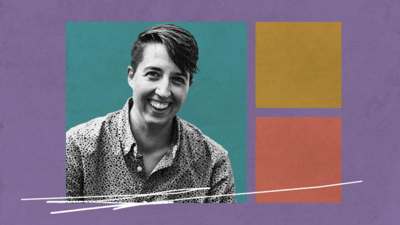 A black and white photo of Abi Robins with colorful squares and white scribbles