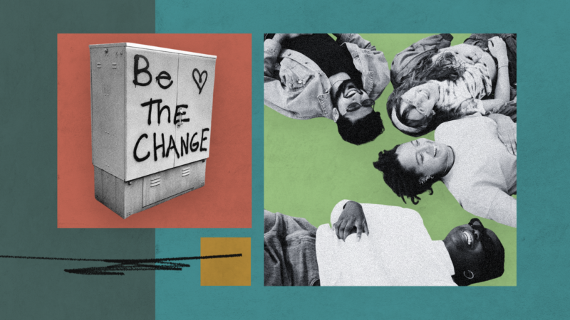 A graphic with photos of a group of people lying in a circle and smiling along with another photo of Be the change spraypainted on an electrical box. All stylized with blocky background colors and black scribbles.
