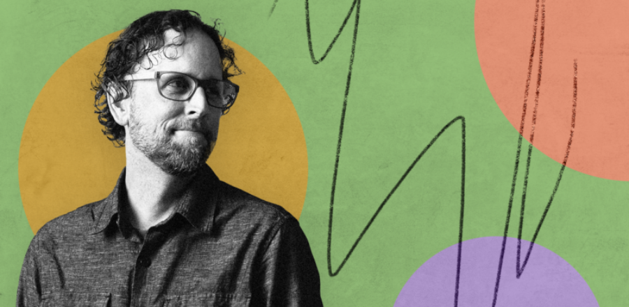 A black and white photo of Brian Holaway on a colorful background with circles and black scribbles