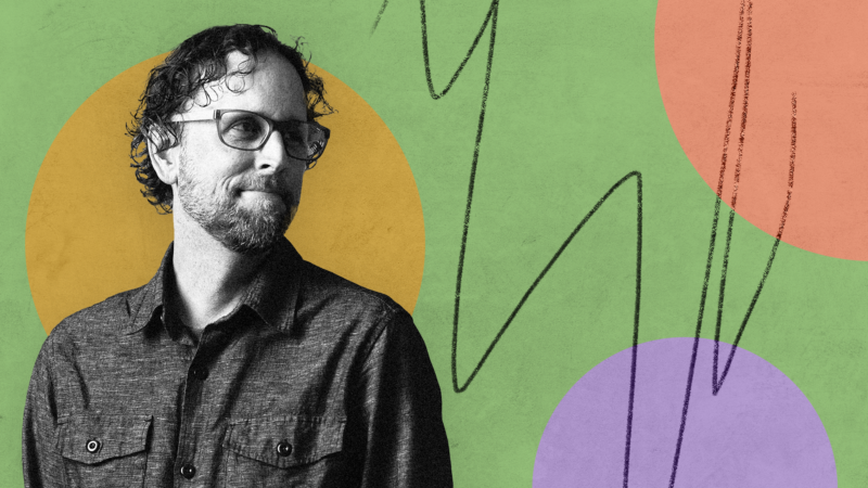 A black and white photo of Brian Holaway on a colorful background with circles and black scribbles